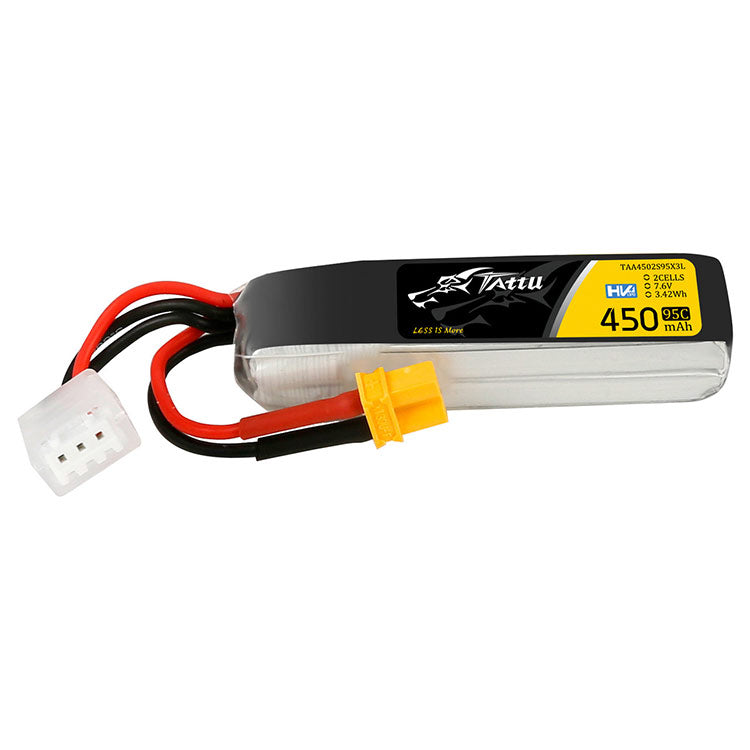 Tattu 450mAh 7.6V High Voltage 95C 2S1P Lipo Battery Pack With XT30 Plug - Long Pack Tattu 450mAh 7.6V High Voltage 95C 2S1P Lipo Battery Pack With XT30 Plug - Long Pack